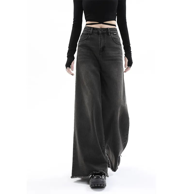 Loose High Waist Retro Raw Hem Wide Legs Jeans - Gray