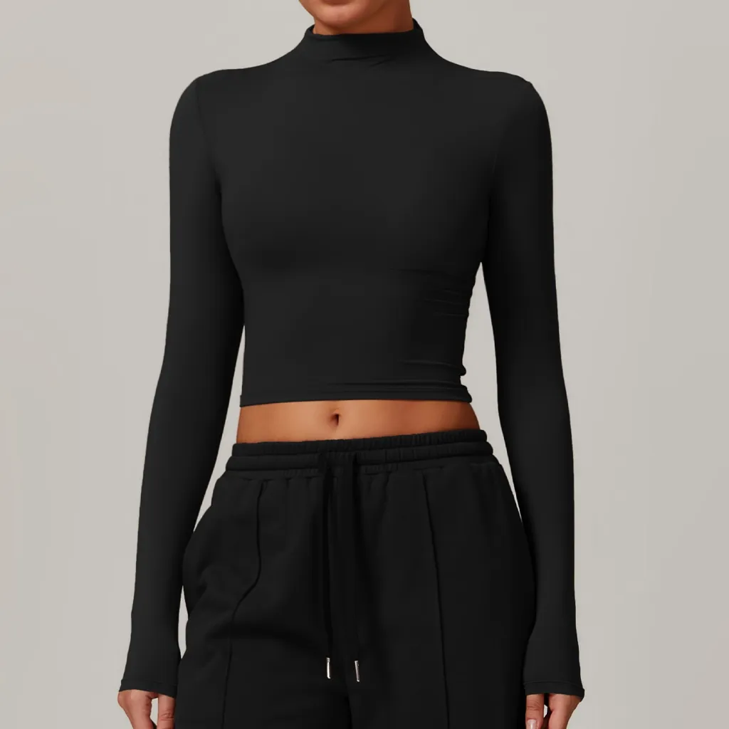 European And American Quick-drying Fitness Sports Long-sleeved Top High Collar Tight-fitting - Advanced Black