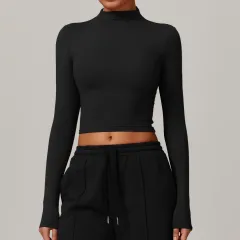 European And American Quick-drying Fitness Sports Long-sleeved Top High Collar Tight-fitting - Advanced Black - View 1