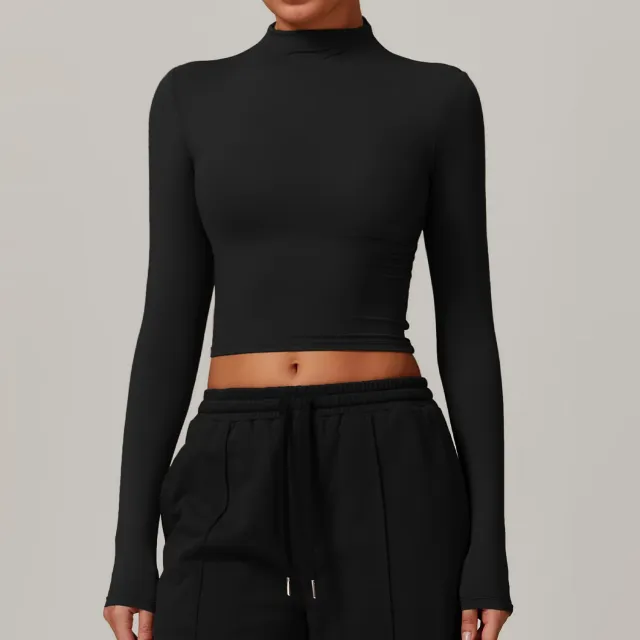 European And American Quick drying Fitness Sports Long sleeved Top High Collar Tight fitting Black - Shop at LoveMi