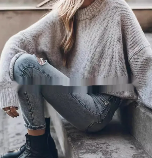 Mixed Color Loose Sweater For Women - Light Gray