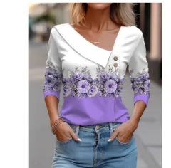 Long Sleeve Diagonal Collar Colour-blocking Flower Printed T-shirt - St62064Y - View 1