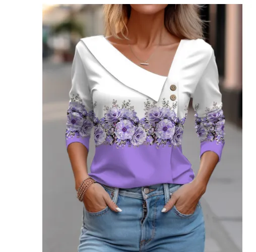 Long Sleeve Diagonal Collar Color blocking Flower Printed T shirt St62064Y - Shop at LoveMi