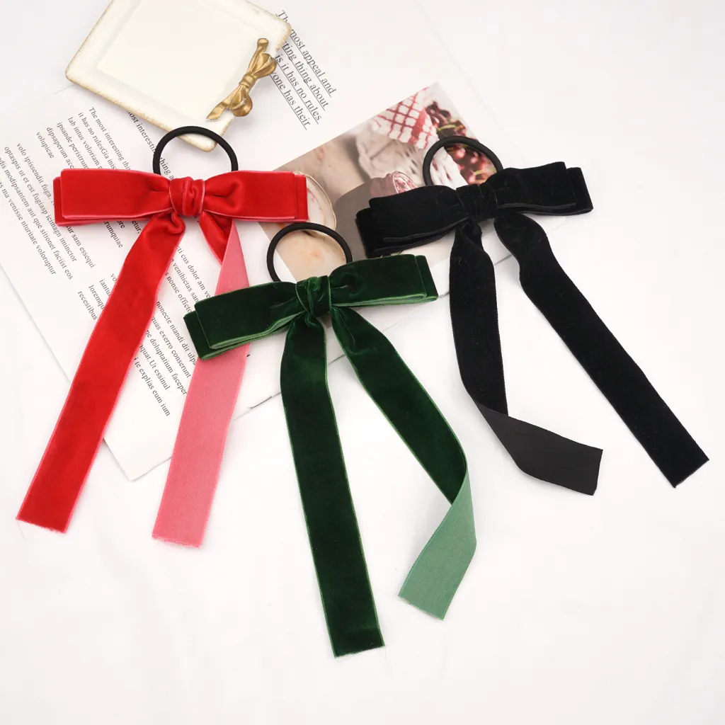 Velvet Bandeau Rubber Band Girl Bow Ribbon Horsetail Headwear - Style 04