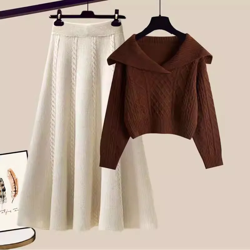 Autumn And Winter New Solid Color Loose And Lazy Style Short Knitwear For Women - Brown Set
