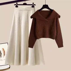 Autumn And Winter New Solid Colour Loose And Lazy Style Short Knitwear For Women - Brown Set - View 1