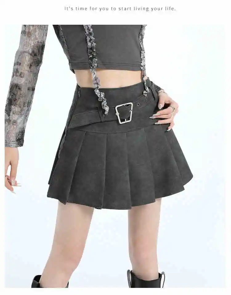 PU Leather Skirt High Waist Slimming A- Line Pleated Skirt - Gray