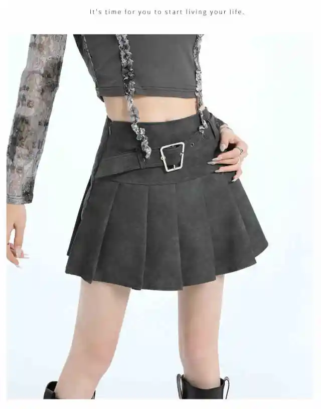 PU Leather Skirt High Waist Slimming A Line Pleated Skirt Gray - Shop at LoveMi