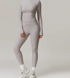 High Waist Wide Leg Yoga Clothes Slimming Long Sleeve Top Coat - Frost Grey - View 1