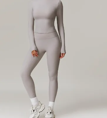 High Waist Wide Leg Yoga Clothes Slimming Long Sleeve Top Coat Frost Gray - Shop at LoveMi