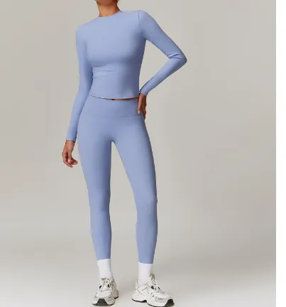 High Waist Wide Leg Yoga Clothes Slimming Long Sleeve Top Coat Light Blue - Shop at LoveMi