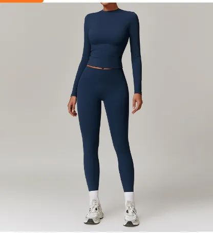 High Waist Wide Leg Yoga Clothes Slimming Long Sleeve Top Coat Badge Blue - Shop at LoveMi