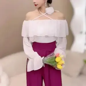 Korean Version Of Chic Flower Horn Sleeve Loose Long-sleeved Meat Jacket - White