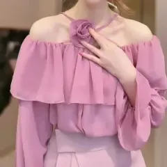 Korean Version Of Chic Flower Horn Sleeve Loose Long-sleeved Meat Jacket - Pink - View 1