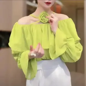 Korean Version Of Chic Flower Horn Sleeve Loose Long sleeved Meat Jacket Green - Shop at LoveMi