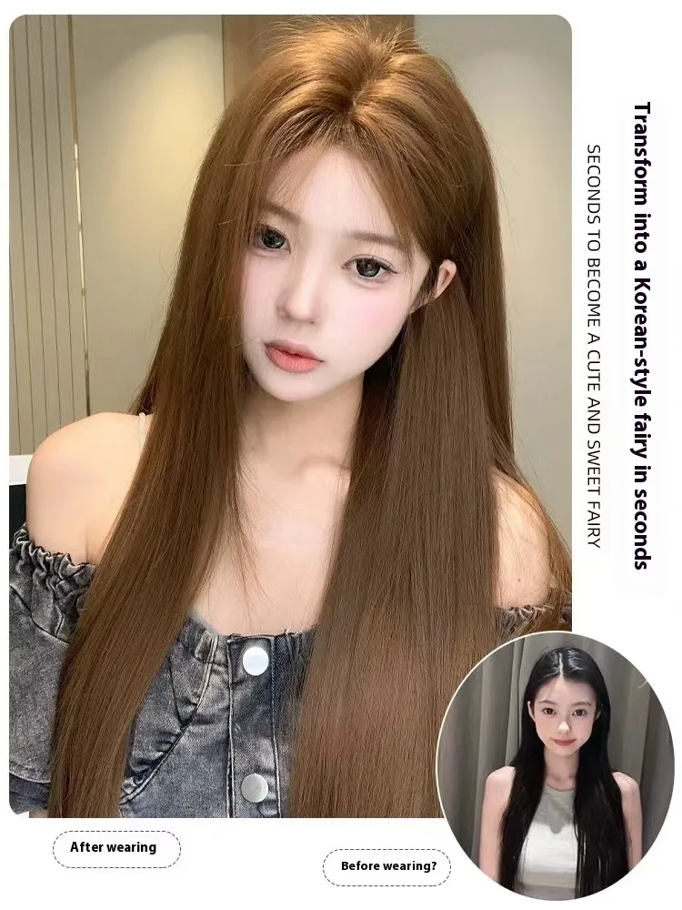 Women's Long Hair Full-head Wig Mid-length Fluffy Eight-character Bangs - Straight Bangs Honey Tea Color
