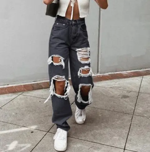 Women's American Retro Hole-punched Jeans Women High Waist Straight-crotch Loose