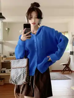 Loose Hooded Sweatshirt Female Cashmere Sweater - Blue - View 1