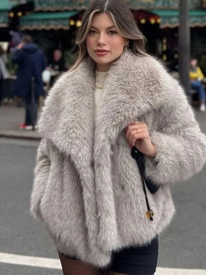 Winter Plush Coat Fashion Warm Thicken Fluffy Lapel Jacket Outwear Casual Long Sleeve Tops Womens Clothing - Light Blue