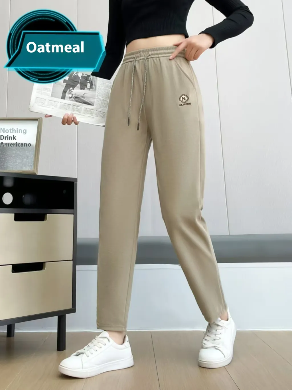 Women's Pants High Waist Cropped Pants Casual - No Velvet Added Oatmeal Color