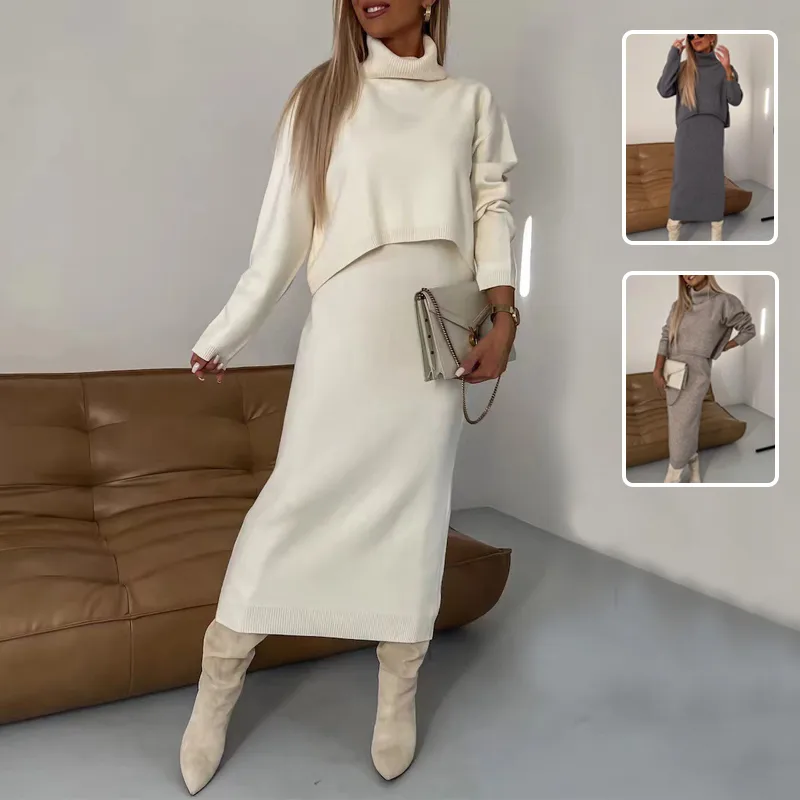 2pcs Sweater Suit Winter Fashion Turtleneck Pullover and Sleeveless