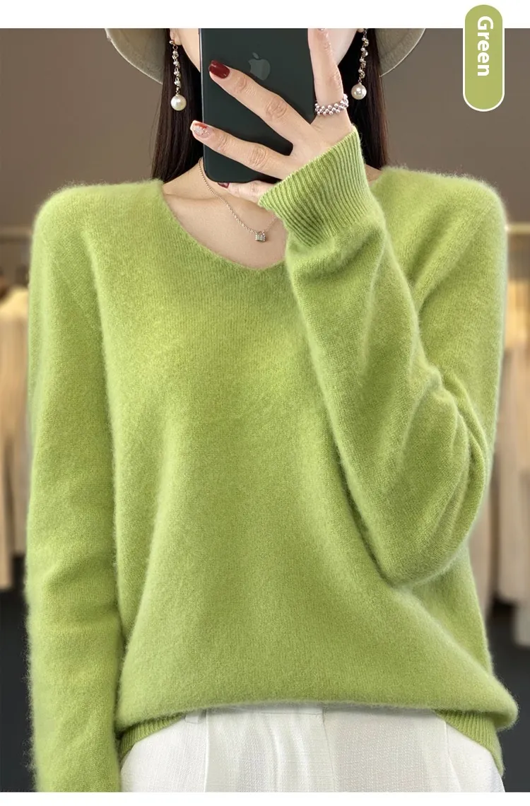 Women's Wool Sweater V-neck Autumn And Winter New Solid Color Loose-fitting Versatile Wool Loose Bottoming Shirt - Fruit Green