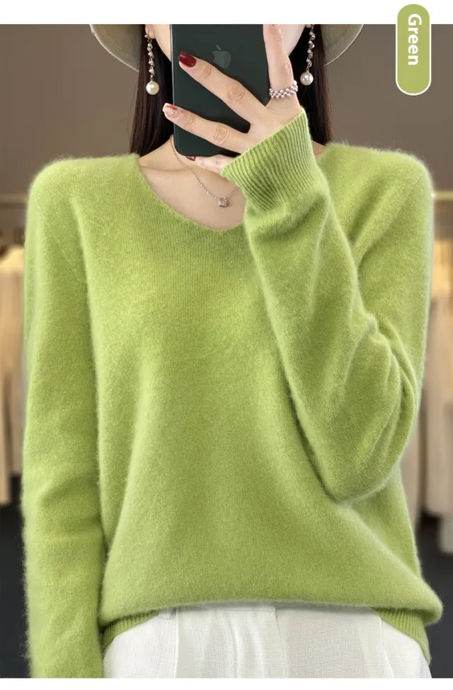 Women's Wool Sweater V neck Autumn And Winter New Solid Color Loose fitting Versatile Wool Loose Bottoming Shirt Fruit Green - Shop at LoveMi