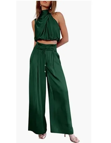 Women's Fashion Tops Wide leg Pants Suit Dark Green - Shop at LoveMi