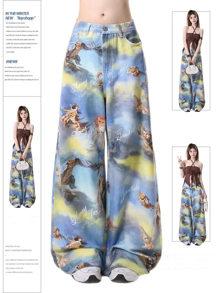 Casual Angel Kitten Oil Painting Printing Wide Leg Pants