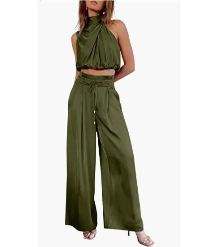 Women's Fashion Tops Wide-leg Pants Suit - Army Green