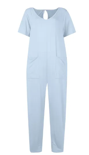 Women's Multi color Side Slit Pocket Design Solid Color Loose Jumpsuit Light Blue - Shop at LoveMi