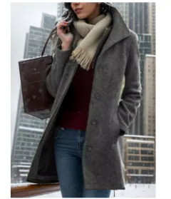 New European And American Women's Medium Length Pure Colour Woolen Coat - Grey - View 1