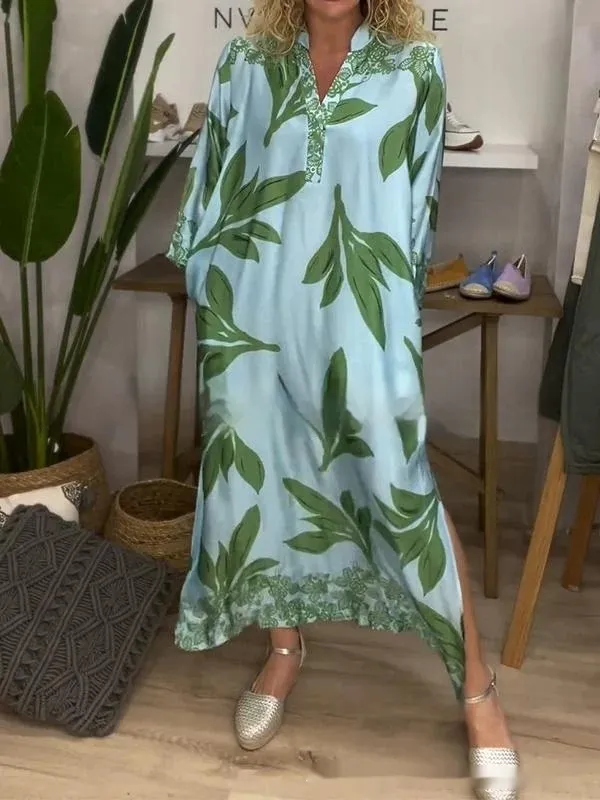 European And American Women's Clothing Spring And Autumn Sexy V neck Plant Print Long Sleeve Dress Green - Shop at LoveMi