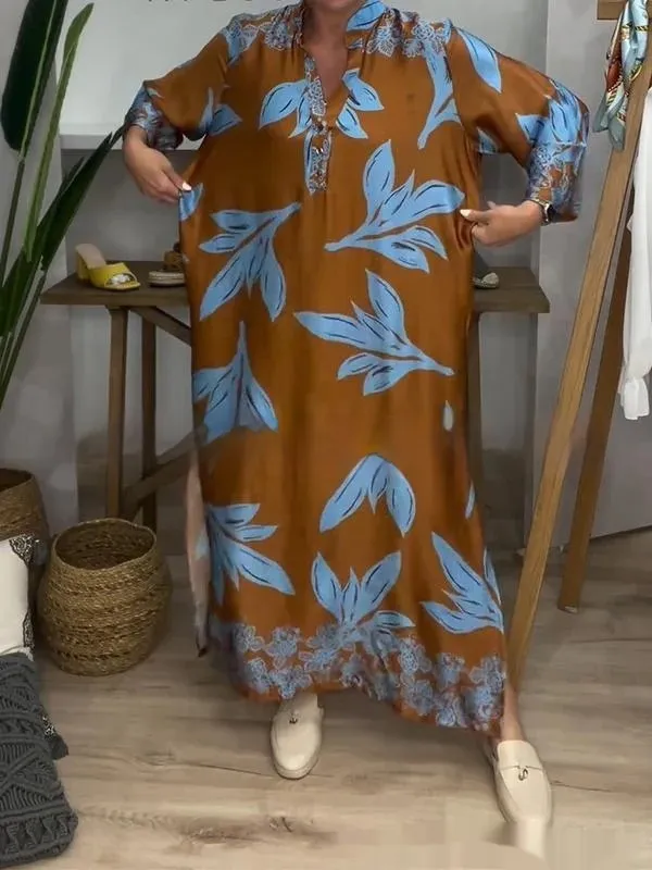 European And American Women's Clothing Spring And Autumn Sexy V-neck Plant Print Long Sleeve Dress - Brown