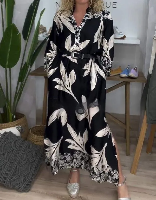 European And American Women's Clothing Spring And Autumn Sexy V-neck Plant Print Long Sleeve Dress - Black