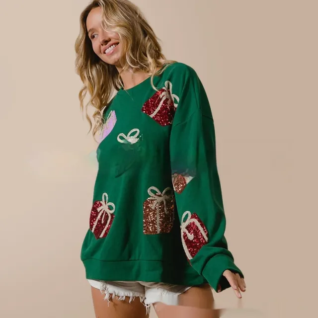 Knitted Women's Sweater Christmas Gift Sequins Embroidered Sweater Green - Shop at LoveMi