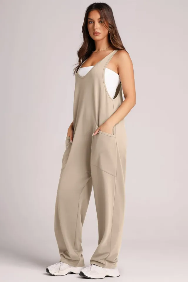 Casual Vest Pocket Knitted Jumpsuit Oatmeal Color - Shop at LoveMi