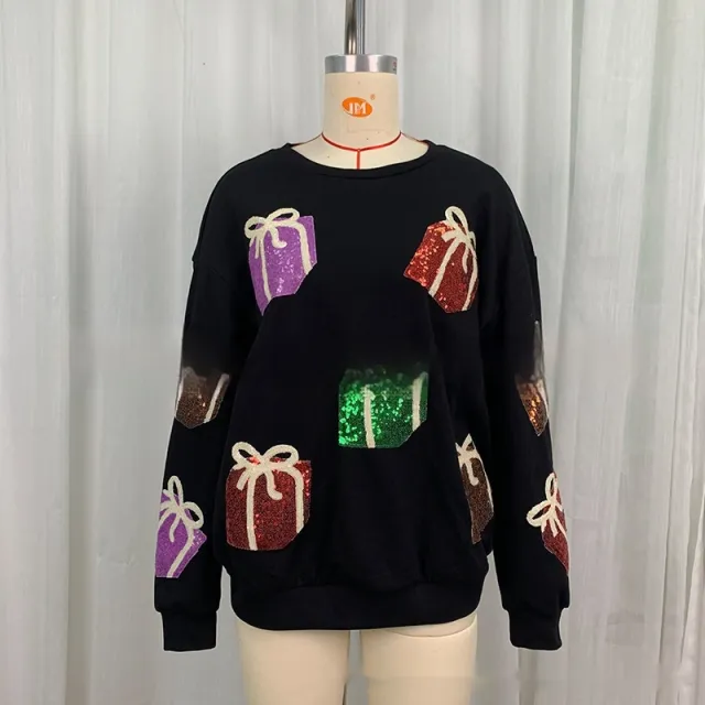 Knitted Women's Sweater Christmas Gift Sequins Embroidered Sweater Black - Shop at LoveMi