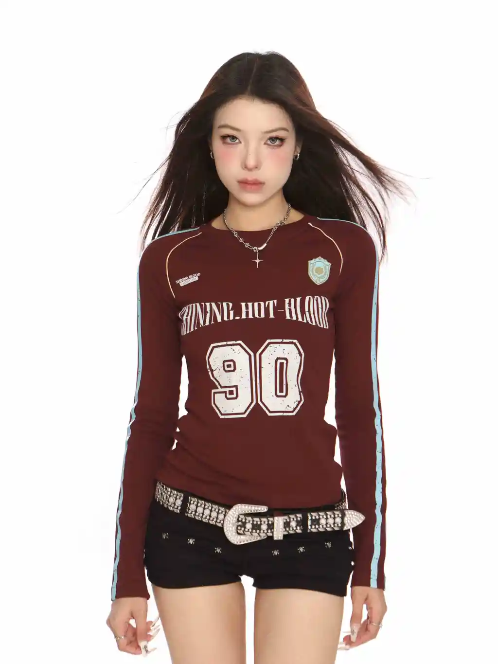 Retro Long-sleeved T-shirt Women's Sports Ball Uniform - Dark Red
