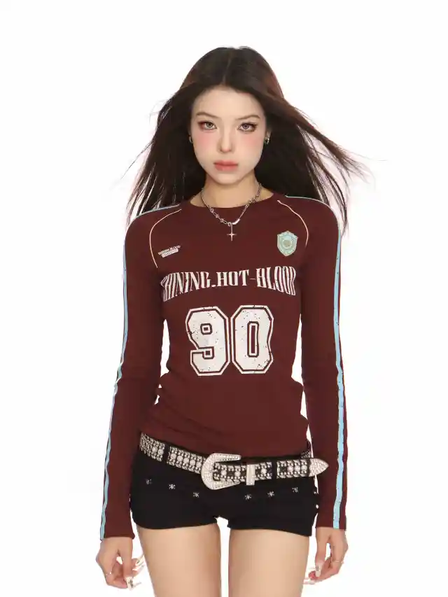 Retro Long sleeved T shirt Women's Sports Ball Uniform Dark Red - Shop at LoveMi