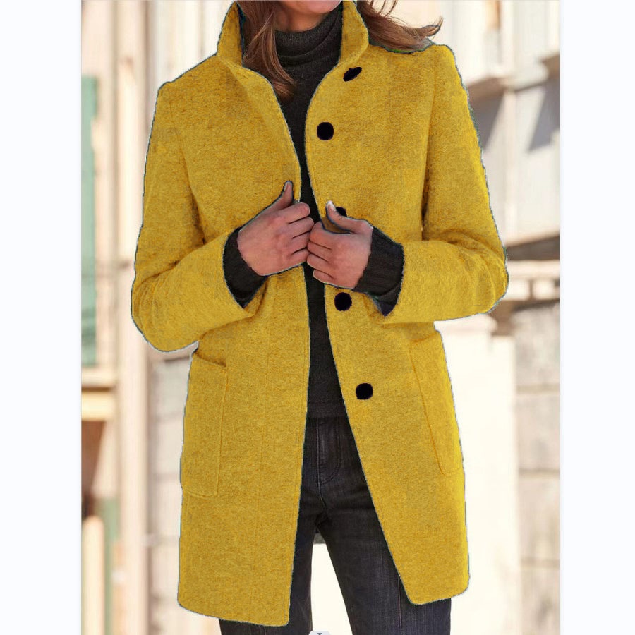 Fashion Stand Collar Woolen Coat With Pockets Fall Winter Casual Button Outwear