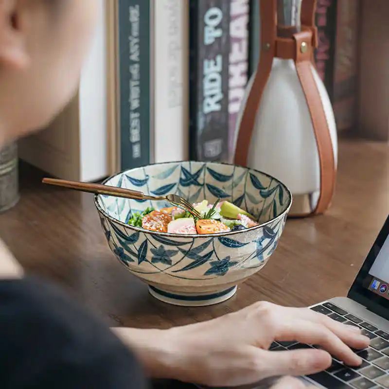 Platycodon Grandiflorum High Foot Noodle Bowl Underglaze Porcelain Soup Bowl