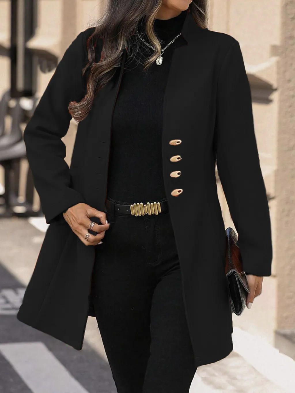 Autumn And Winter Slim Korean Style Solid Color Women's Woolen Coat Jacket - Black