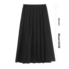 A- Line Plus Size Elastic Waist Black Mid-length Pleated Skirt - Black Midi Dress - View 1