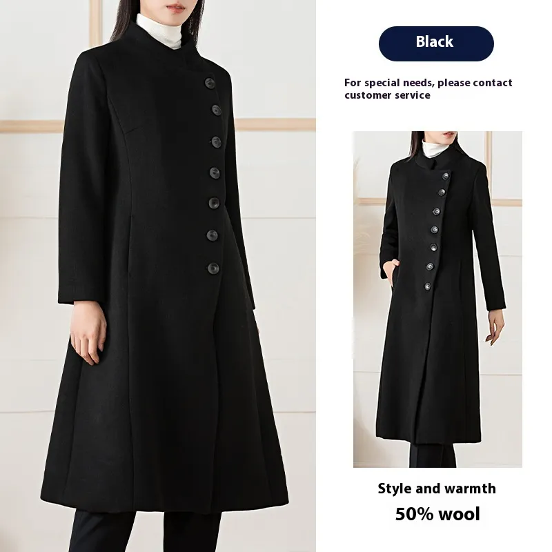 Woolen Coat Women's Long Stand-up Collar Professional Commute Cashmere Coat - Black