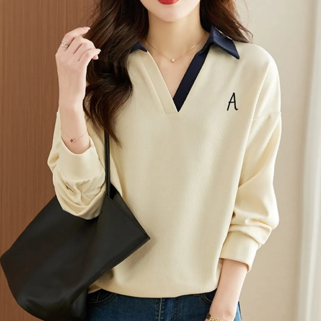 Lapel Contrast Color Loose Lazy Long Sleeve Hooded V-neck Sweatshirt - Greige-Xl