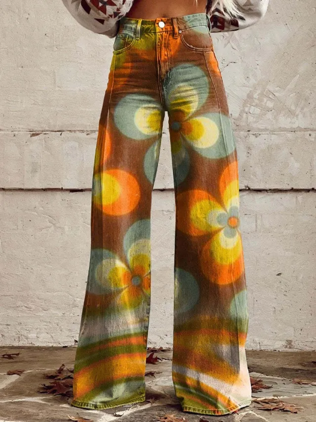 Fashion Women's Printed High Waist Loose Thin Imitation Denim Wide Leg Pants Awpxq1132 S - Shop at LoveMi