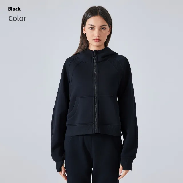 Fleece Zipper Hooded Sports Jacket Loose Yoga Clothes Black - Shop at LoveMi