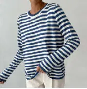 New Knitted Striped Long Sleeved Sweater Versatile Pullover Tops Womens Clothing
