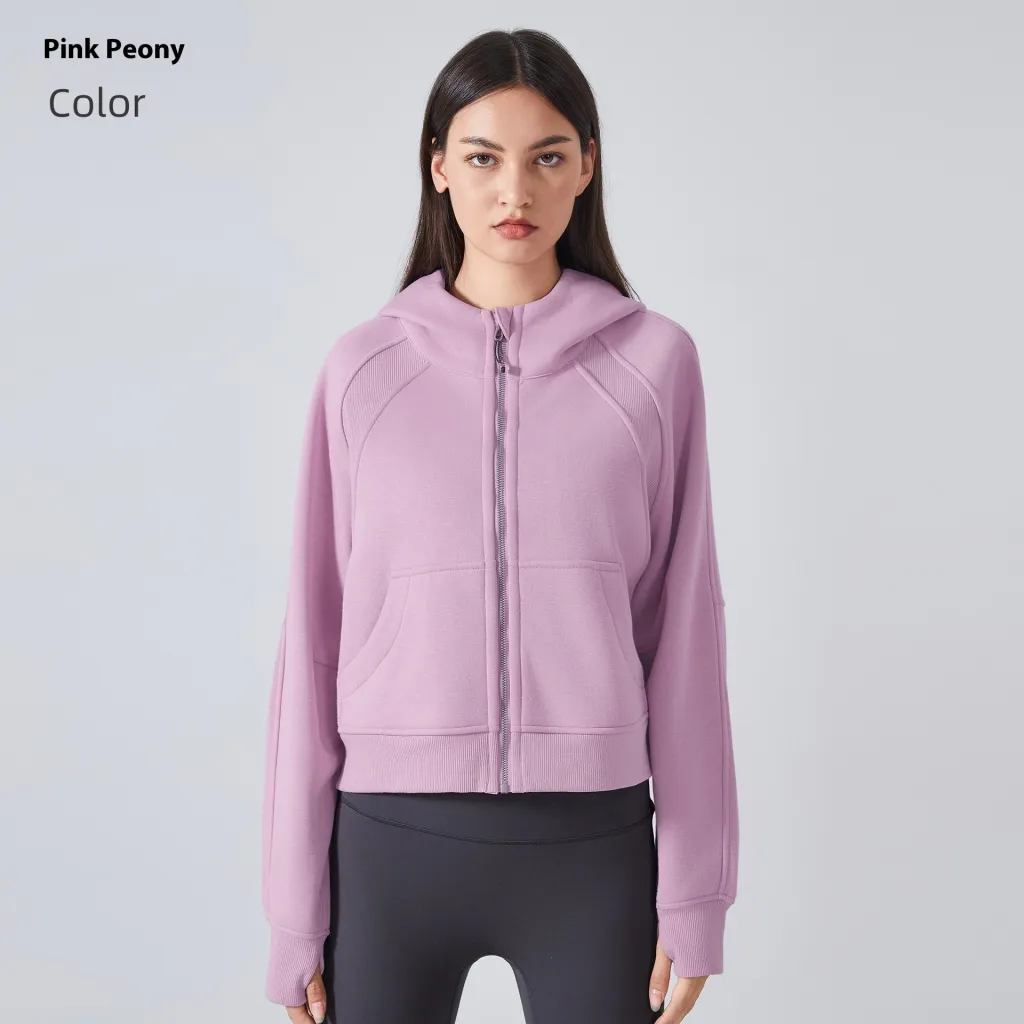 Fleece Zipper Hooded Sports Jacket Loose Yoga Clothes - Pink
